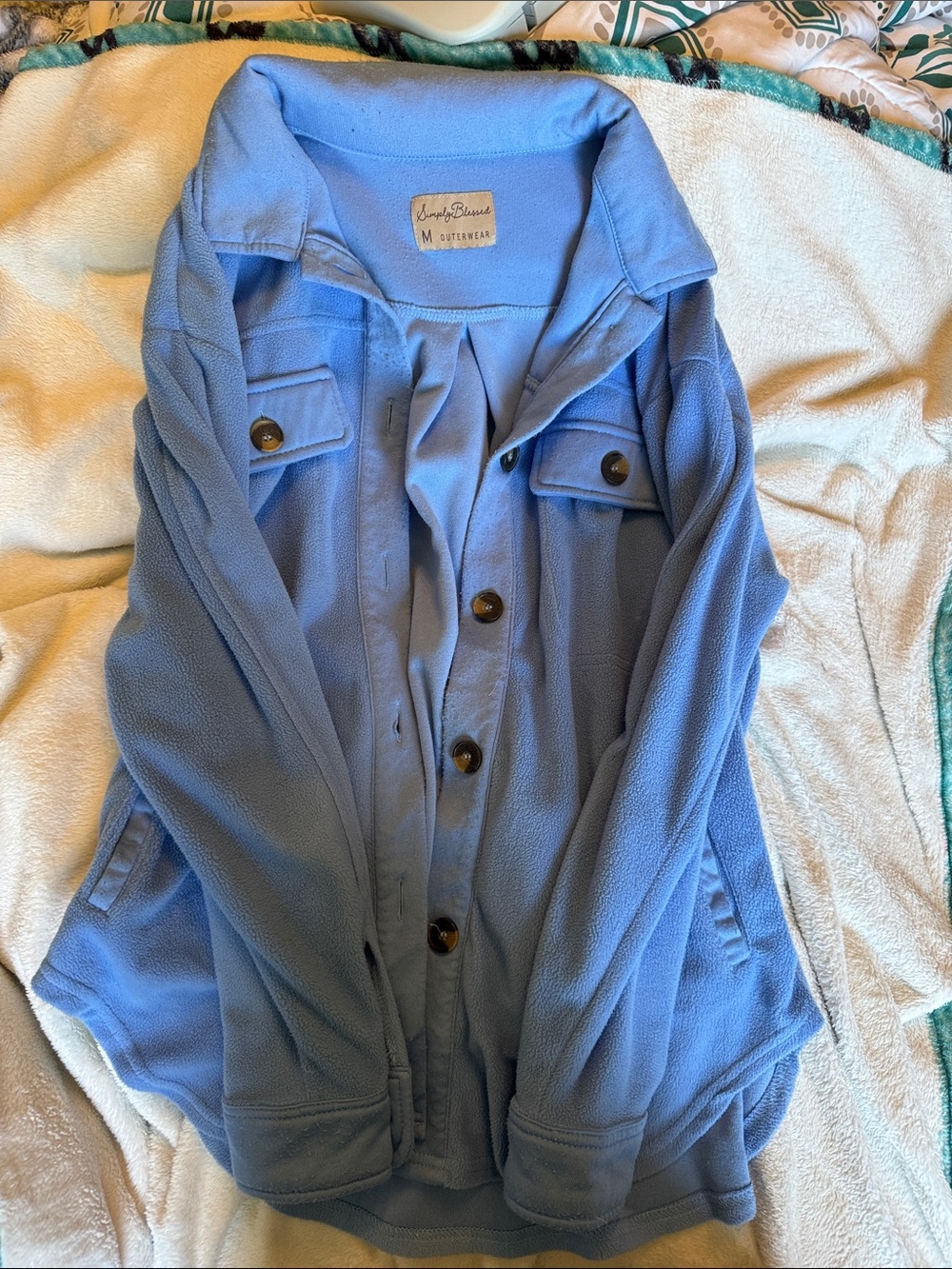 Mauve Blanche Light Blue Teddy Jacket with Button Front